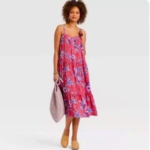 Knox Rose Pink Flower tiered boho full dress adjustable straps full skirt